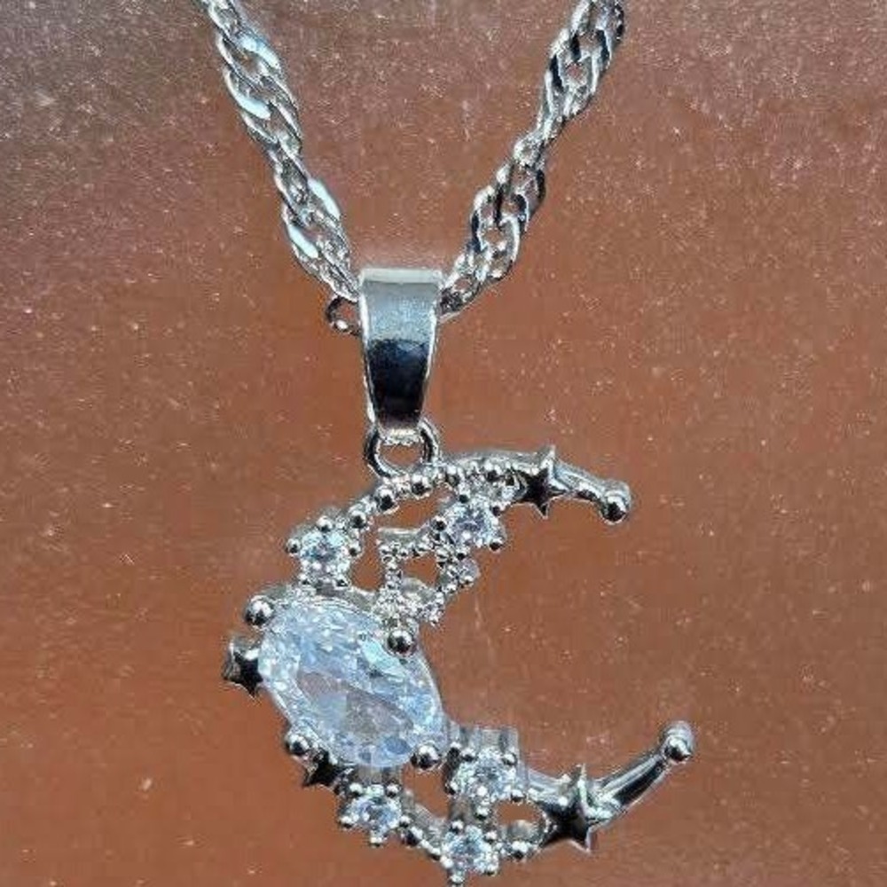 Silver Tone Crescent Moon Star Cubic Zirconia Pendant Singapore Chain Necklace